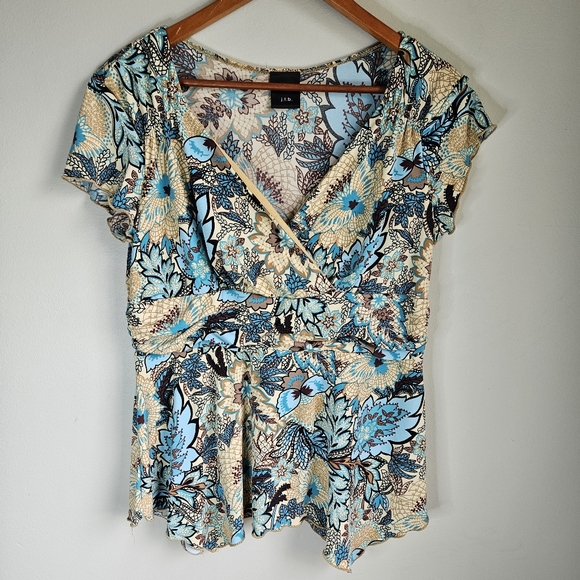 J.T.B. Babydoll Wrap Top Womens Large Flutter Sleeve Handkerchief Hem Boho Print - Picture 2 of 7